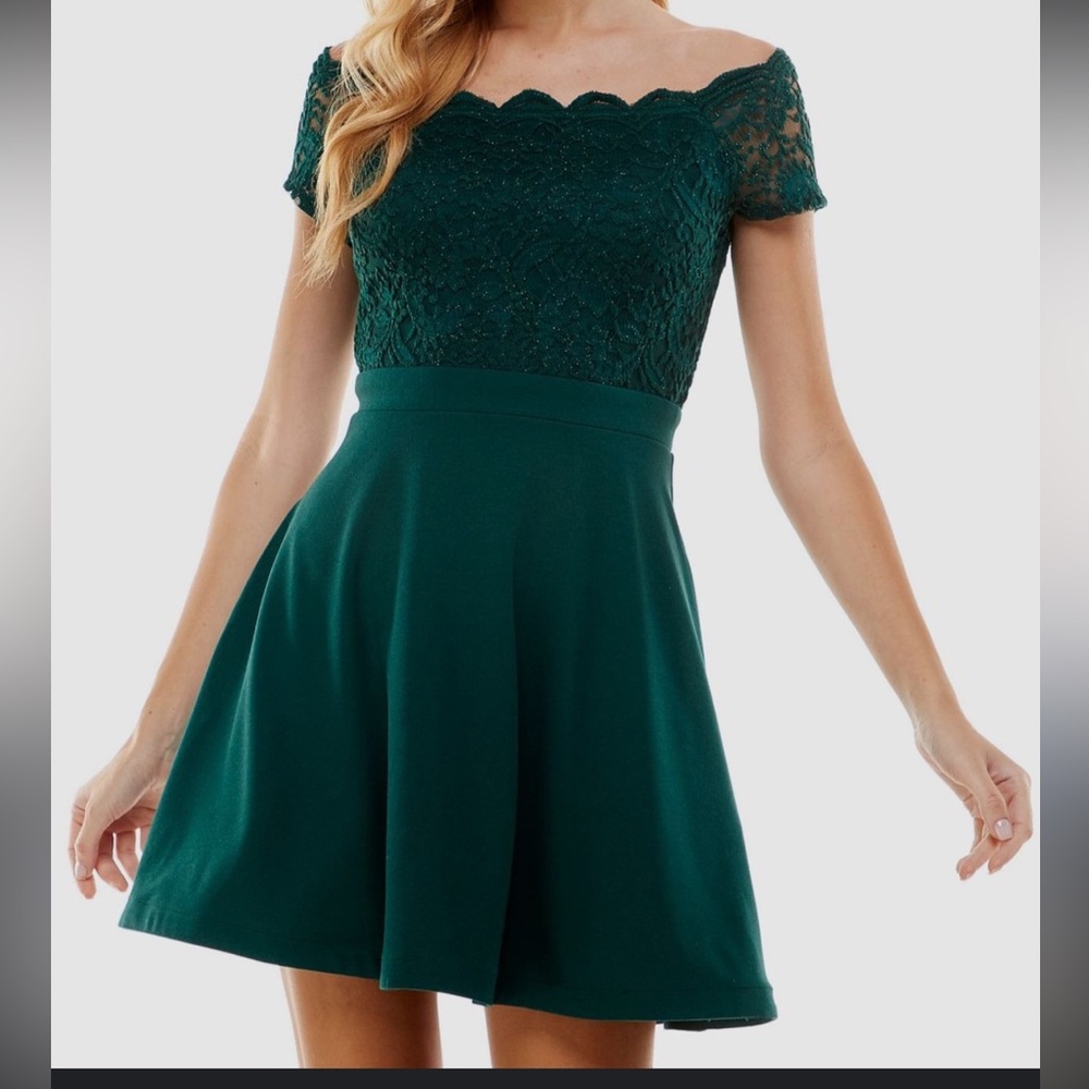 City Studio Teal Lace Off-Shoulder Mini Dress